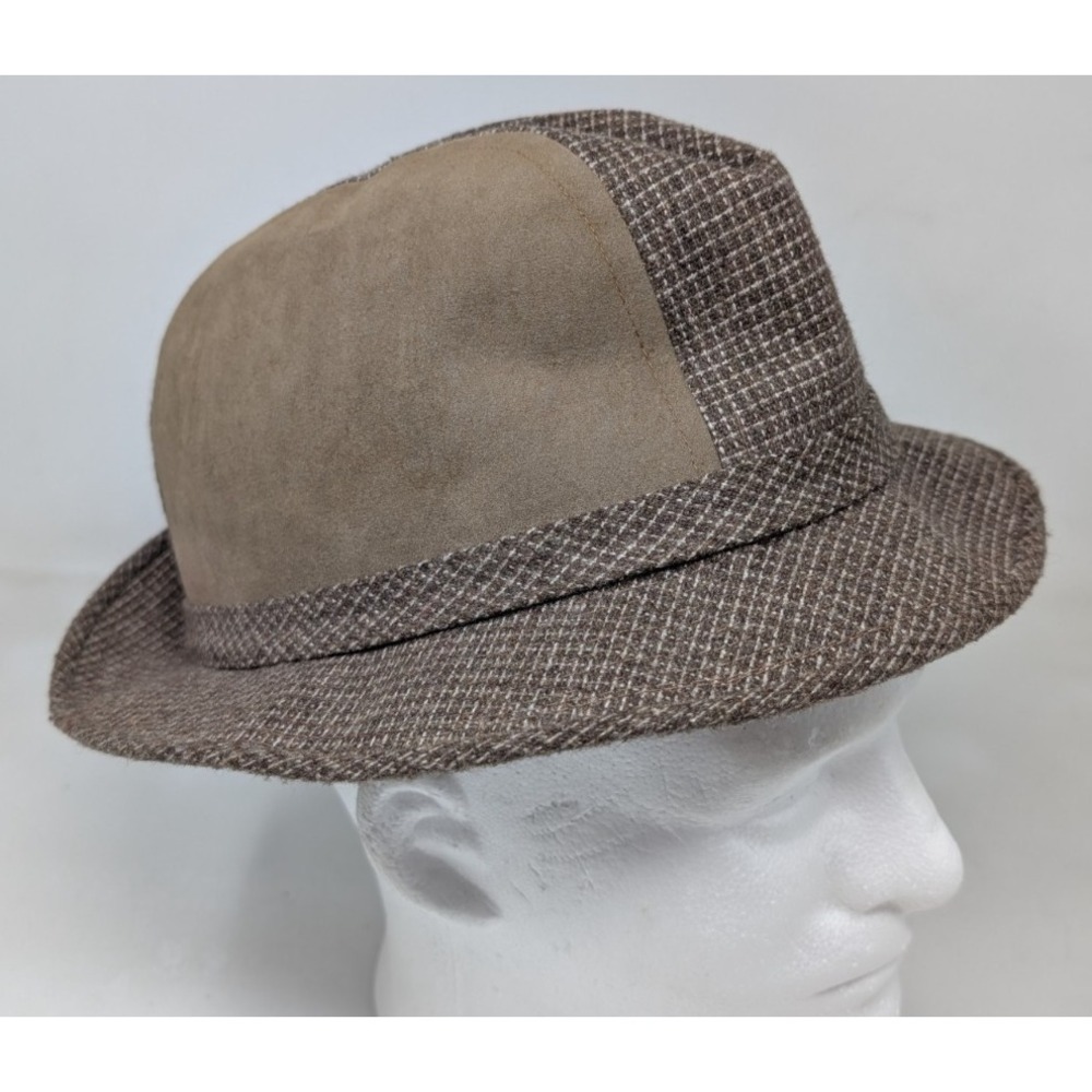 Vintage Wool Tweed Leather Patch Fedora Trilby Hat Men's Large Union Made in USA